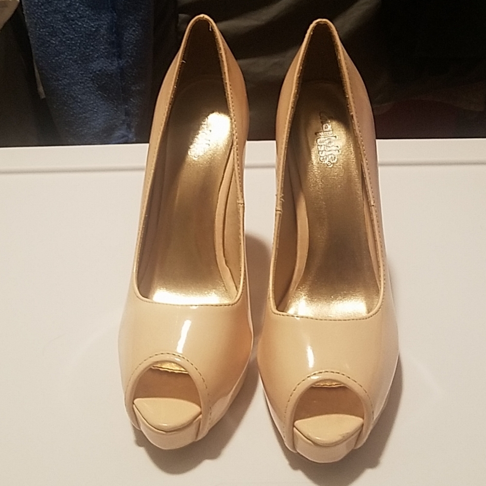 Tan peep toe heels